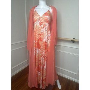 Vintage 70s tropical floral maxi dress sheer coral chiffon cape Glass Apparel M